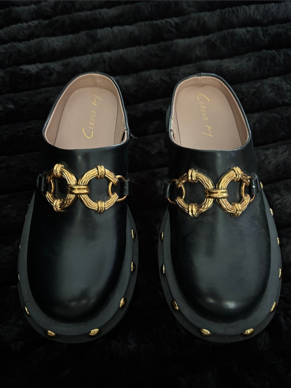 Circus NY Black Leather Gold-Trim Slip-On Mules